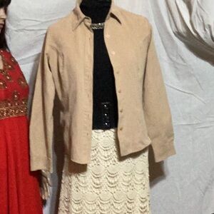 Tan Jacket with Black Top and Cream Skirt